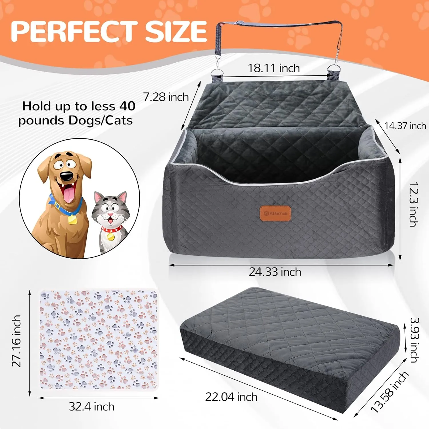 Memory Foam Booster Dog Car Seat for Medium Dogs Under 45 LBS, Elevated Pet Car Seat with Detachable Washable Cover, Anti-Slip Sturdy Dog Booster Seat with Seat Belt for Back Seat Travel