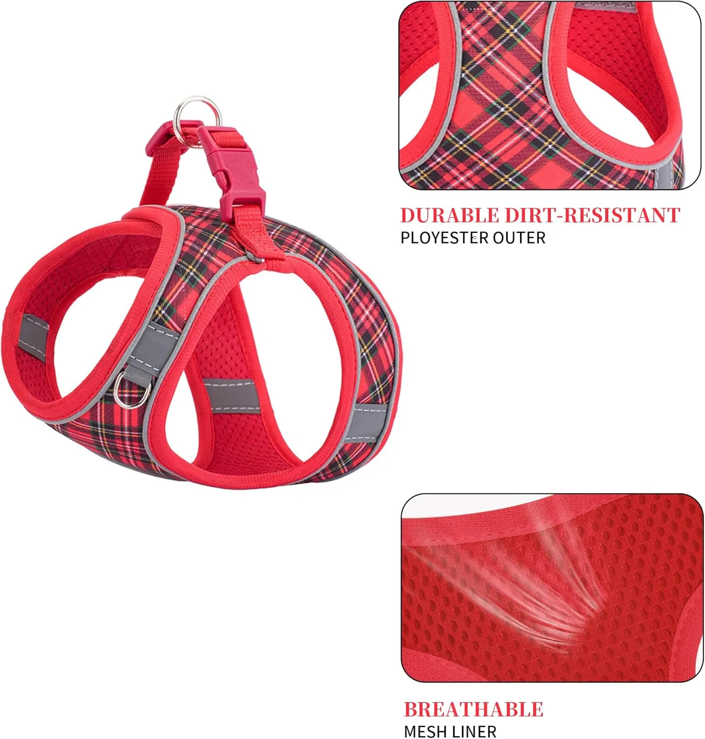 No Pull Dog Harness and Leash Set for Extra-Small Dogs Puppy Cats Ajustable Classic Plaid Dog Vest Harness Soft Mesh Reflective Step-in Harness Escape Proof for Walking Red XXS