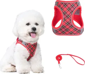 No Pull Dog Harness and Leash Set for Extra-Small Dogs Puppy Cats Ajustable Classic Plaid Dog Vest Harness Soft Mesh Reflective Step-in Harness Escape Proof for Walking Red XXS