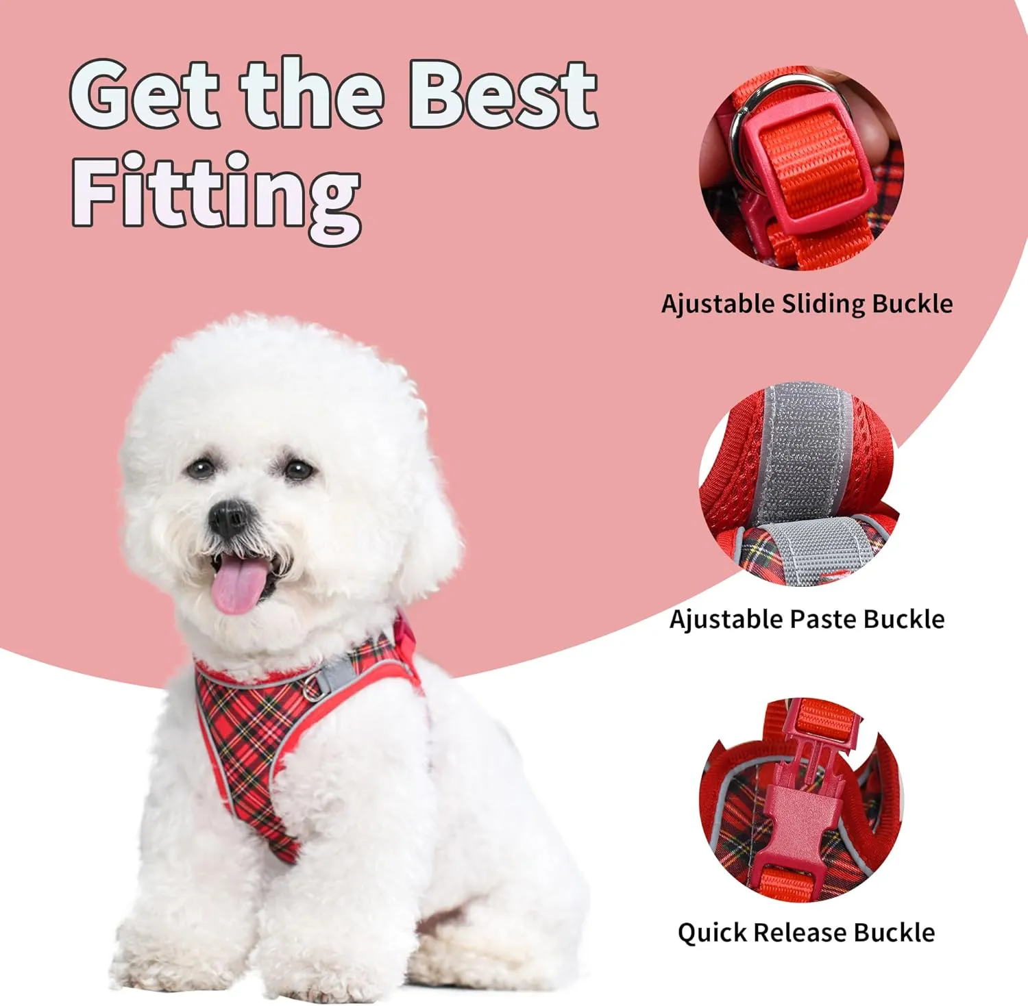 No Pull Dog Harness and Leash Set for Extra-Small Dogs Puppy Cats Ajustable Classic Plaid Dog Vest Harness Soft Mesh Reflective Step-in Harness Escape Proof for Walking Red XXS