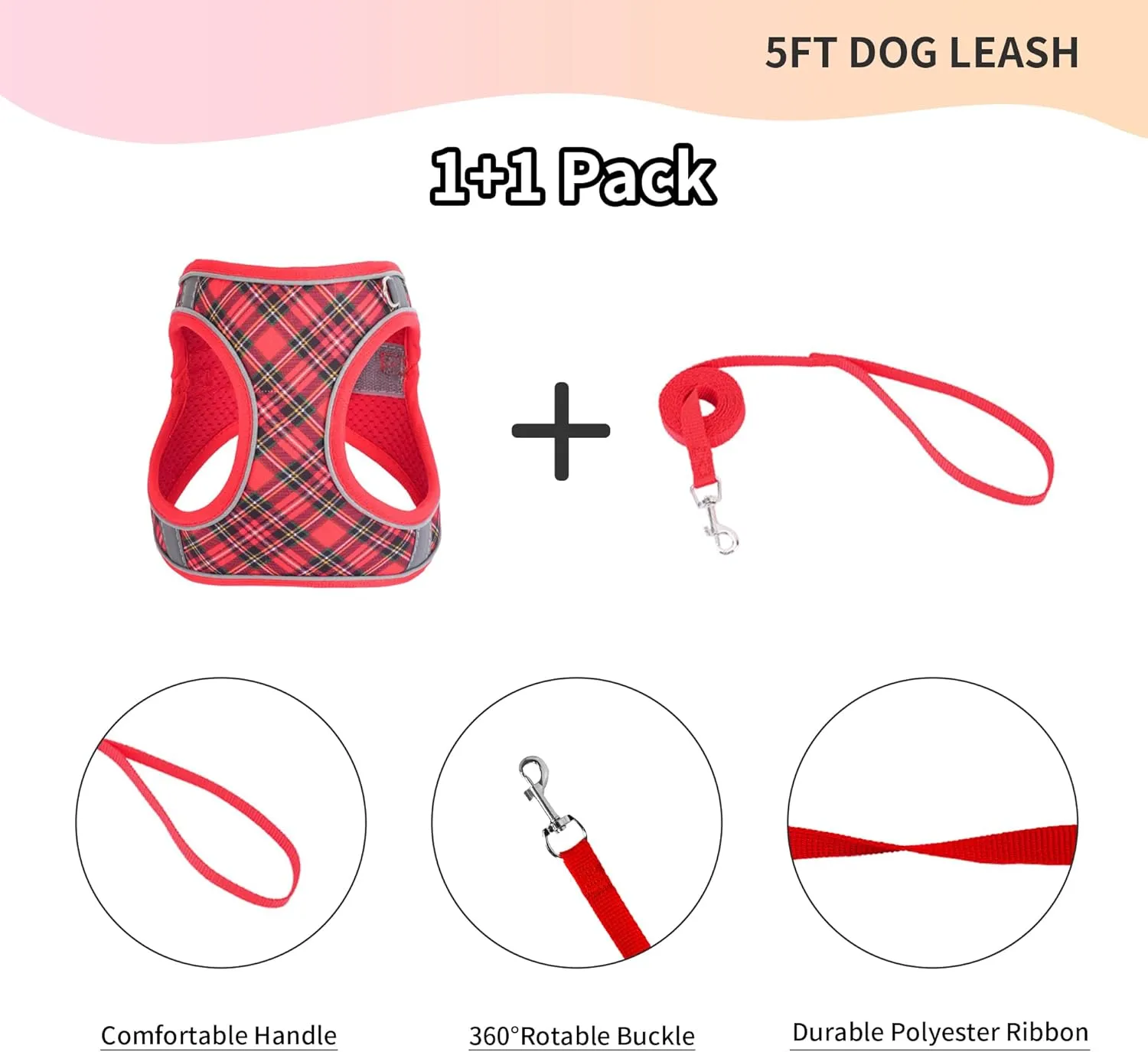 No Pull Dog Harness and Leash Set for Extra-Small Dogs Puppy Cats Ajustable Classic Plaid Dog Vest Harness Soft Mesh Reflective Step-in Harness Escape Proof for Walking Red XXS