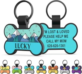 Personalized Silent Silicone Dog Tags - Personalized Cute Bone Shape Deep Engraved Pet ID Tags (Blue Mountain)
