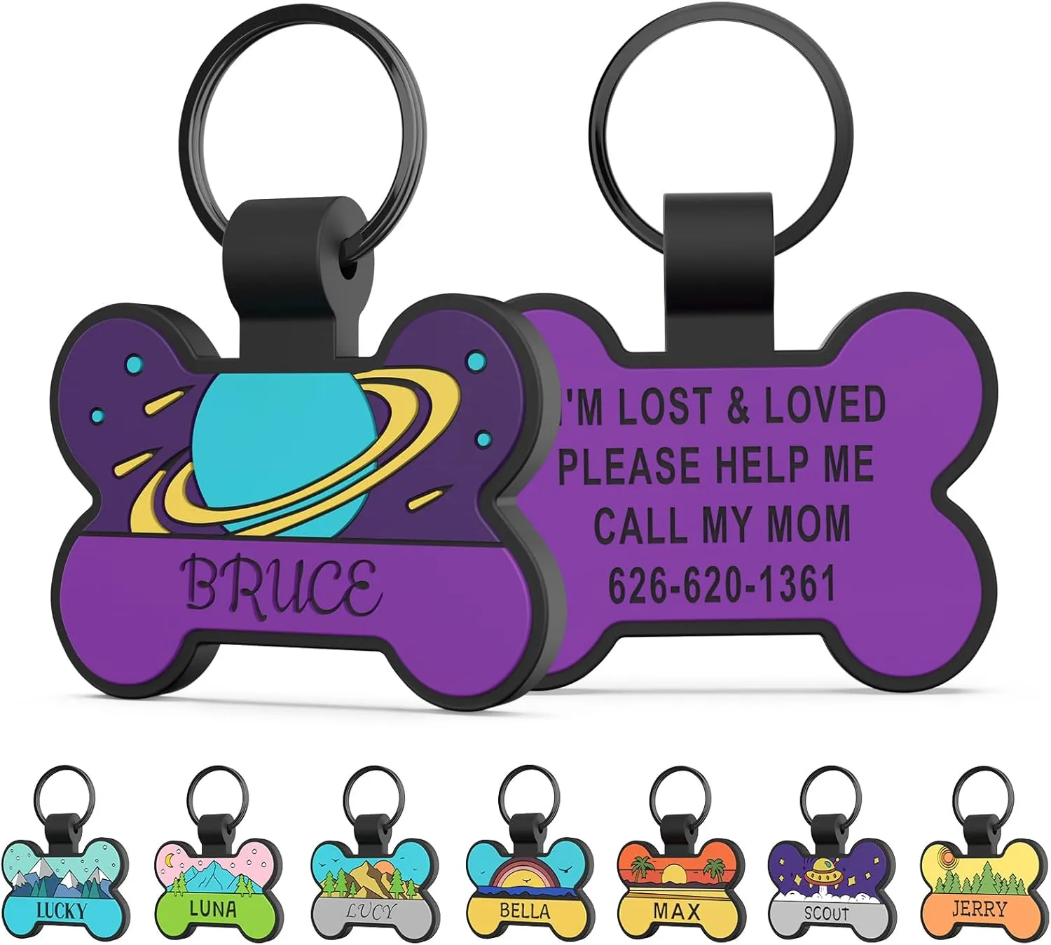 Personalized Silent Silicone Dog Tags - Personalized Cute Bone Shape Deep Engraved Pet ID Tags (Blue Mountain)