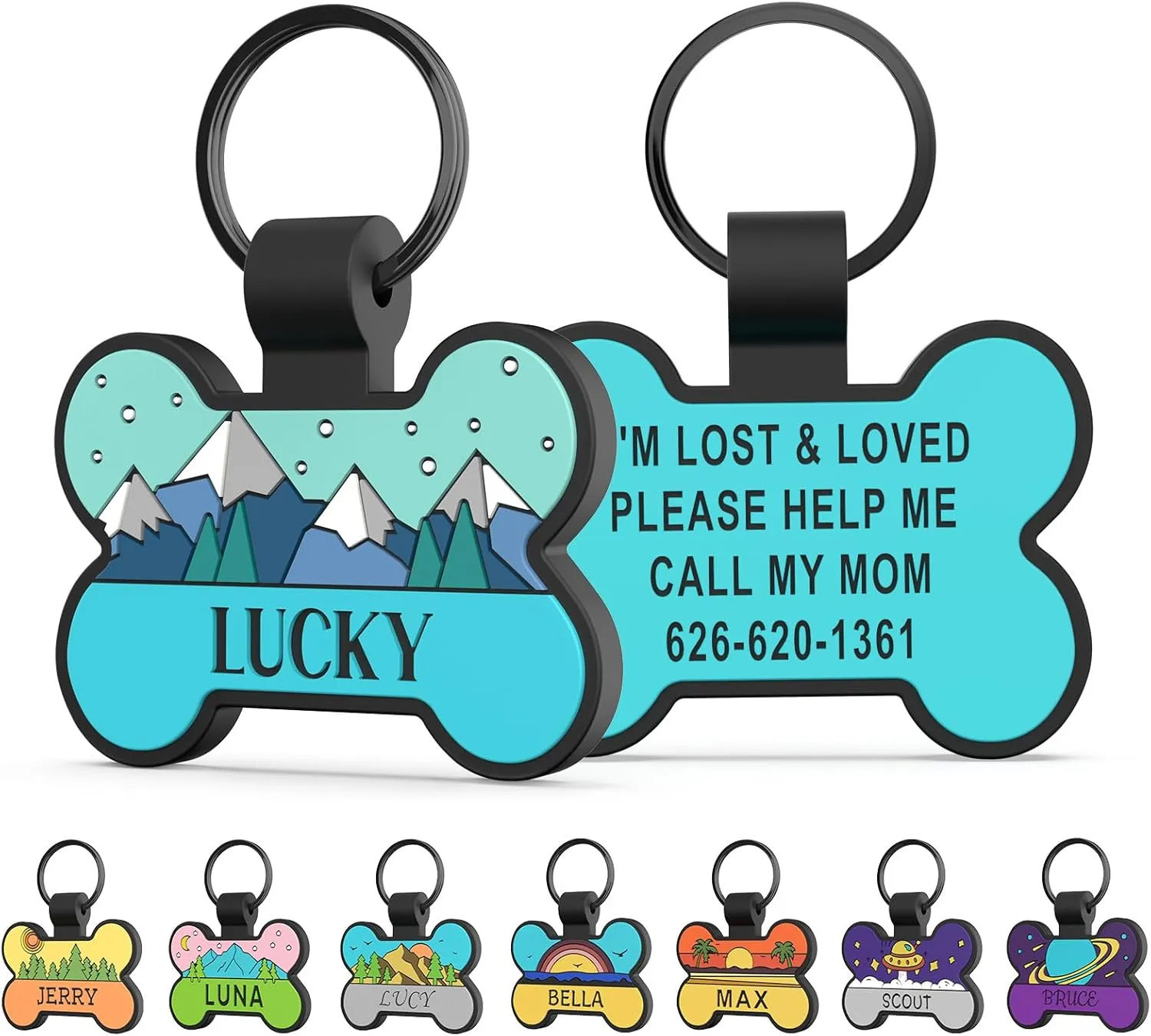Personalized Silent Silicone Dog Tags - Personalized Cute Bone Shape Deep Engraved Pet ID Tags (Blue Mountain)