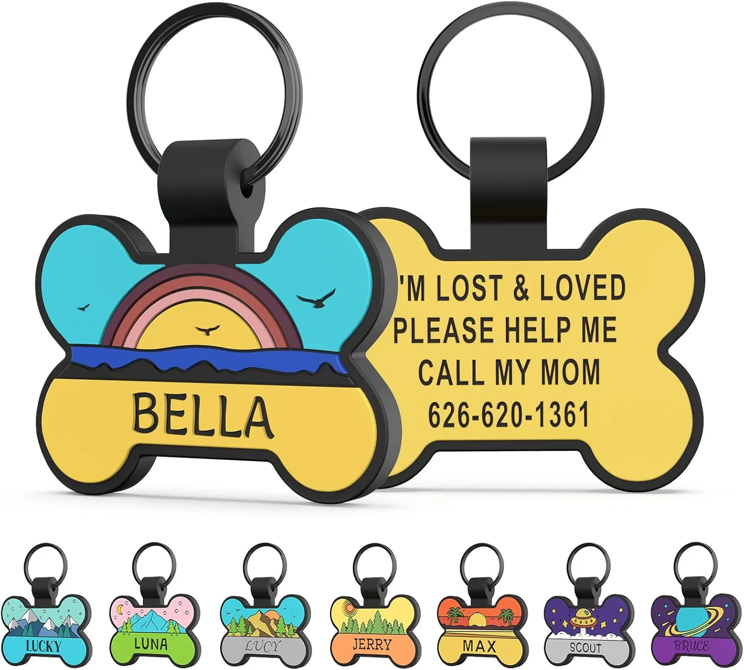 Personalized Silent Silicone Dog Tags - Personalized Cute Bone Shape Deep Engraved Pet ID Tags (Blue Mountain)