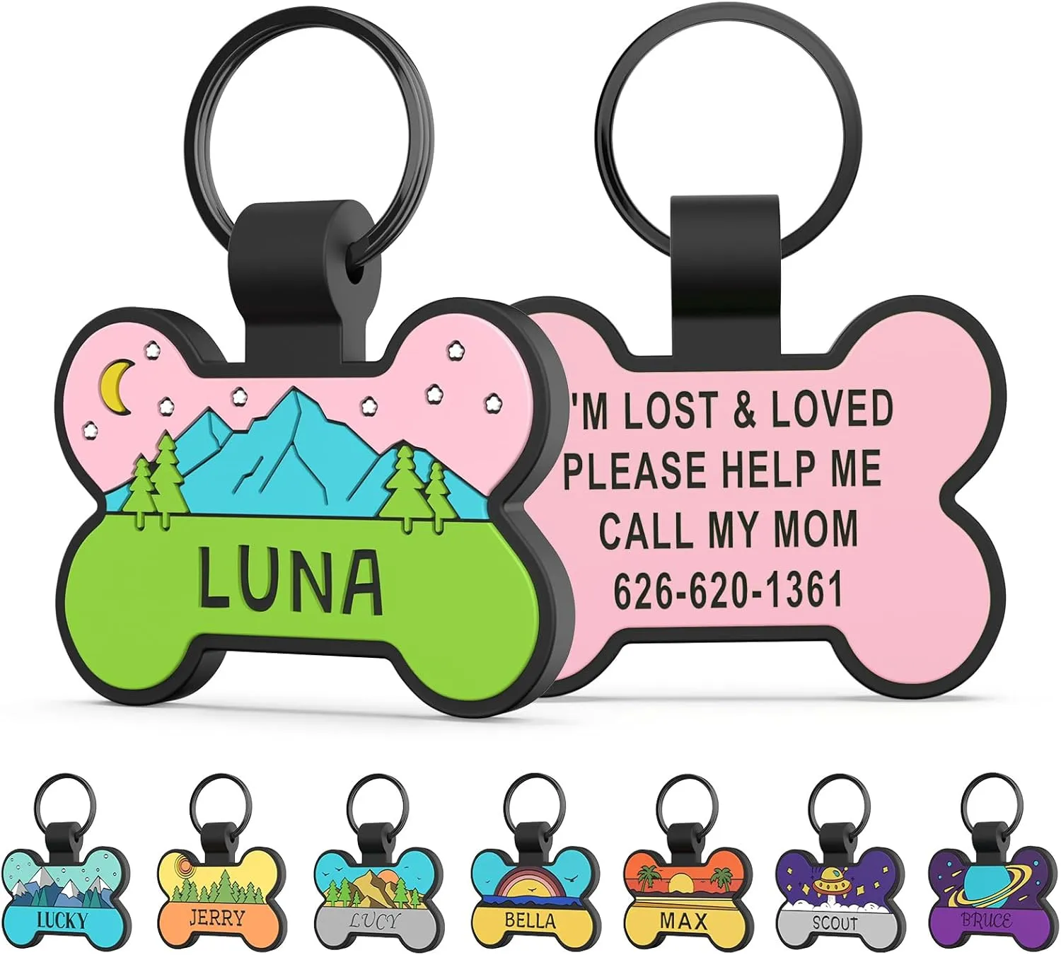 Personalized Silent Silicone Dog Tags - Personalized Cute Bone Shape Deep Engraved Pet ID Tags (Blue Mountain)