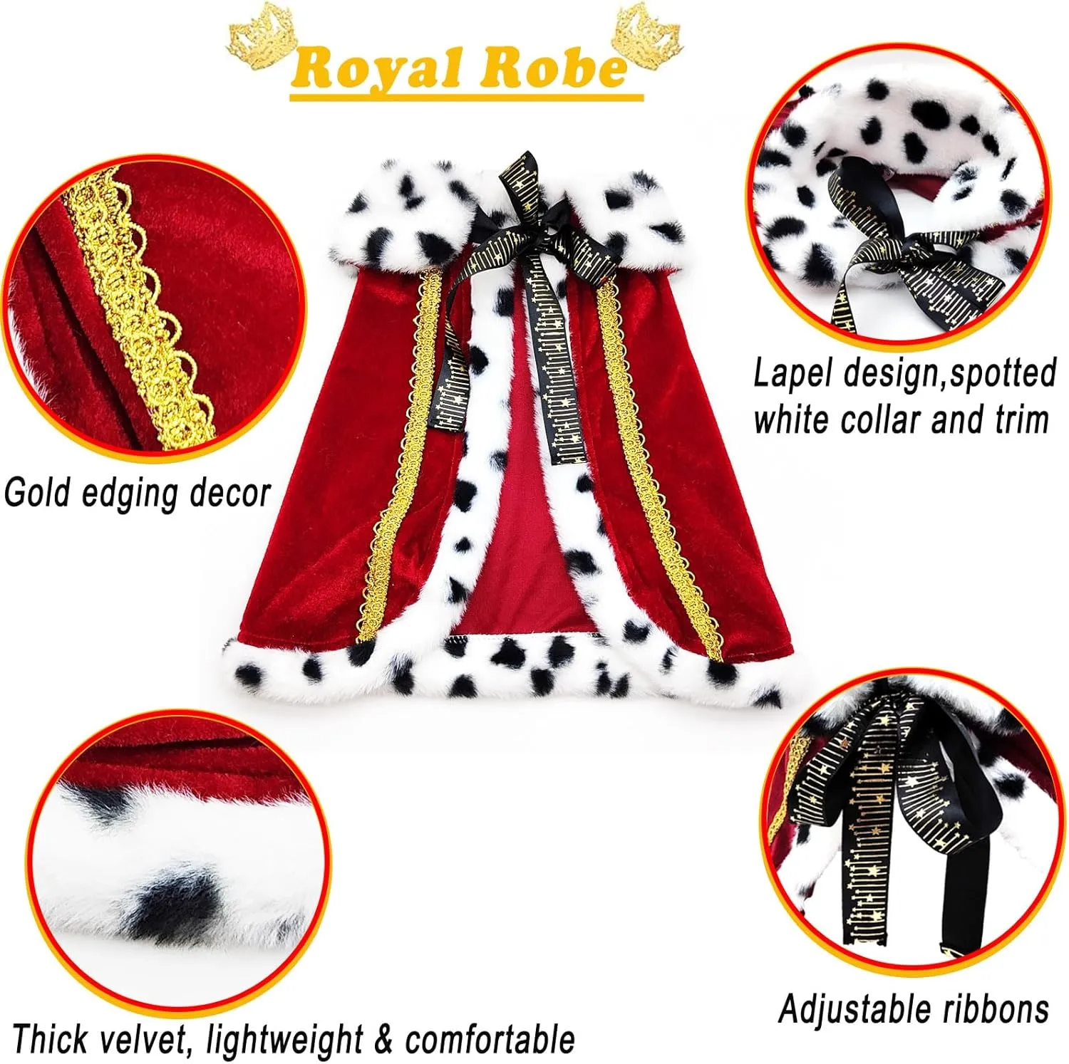 Pet Cloak King Dog Cape Robe Cute Halloween Christmas Cat Costume Queen Clothes Lux Fur Royal Cape Prince Princess Outfit Birthday Dress Small Large Dog Halloween Costume (Crimson, Large)