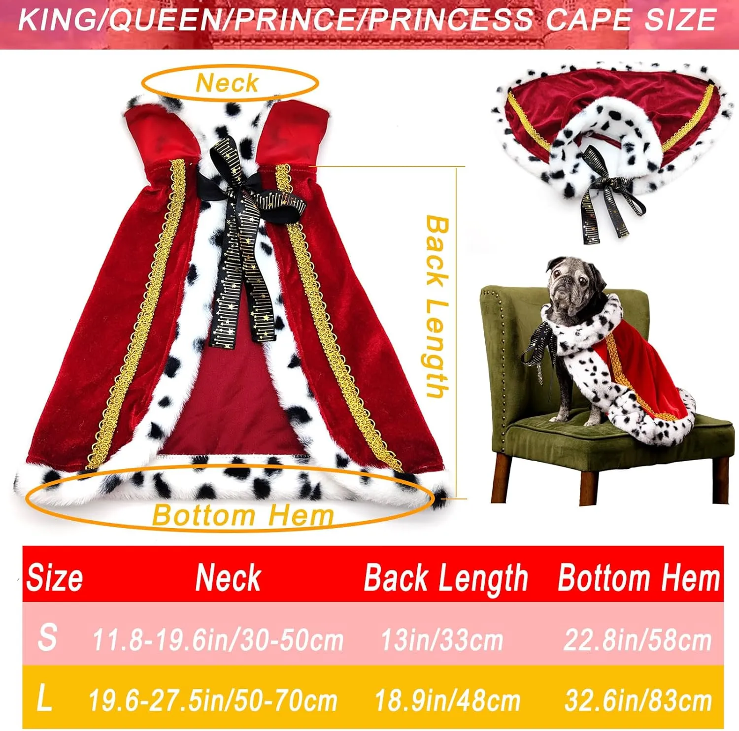 Pet Cloak King Dog Cape Robe Cute Halloween Christmas Cat Costume Queen Clothes Lux Fur Royal Cape Prince Princess Outfit Birthday Dress Small Large Dog Halloween Costume (Crimson, Large)