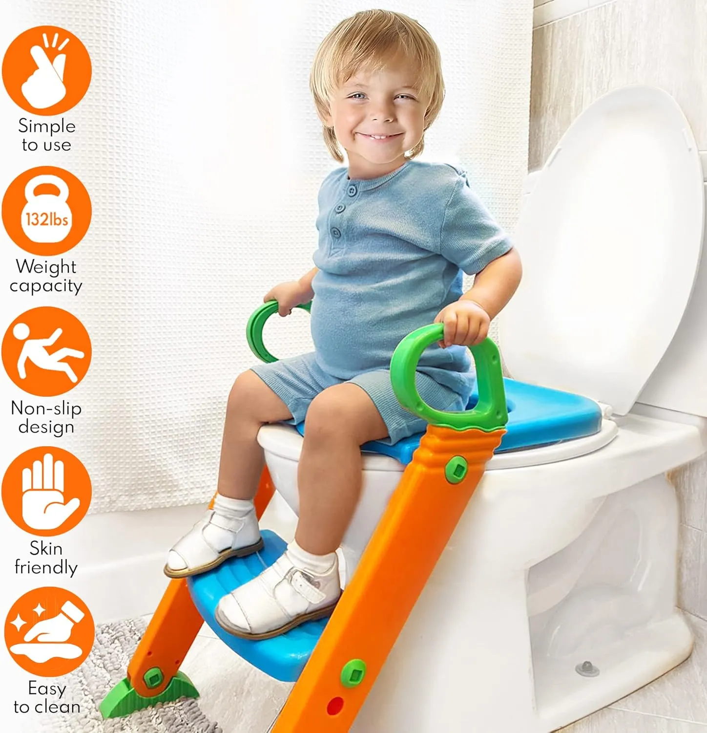 Potty Training Seat Toilet with Ladder - Potty Step Stool for Kids Toddlers w/Handles. Sturdy, Safe & Adjustable Height. Non-Slip Steps & Anti Slip Pads. Trainer Folds Easy for Boys Girls Baby