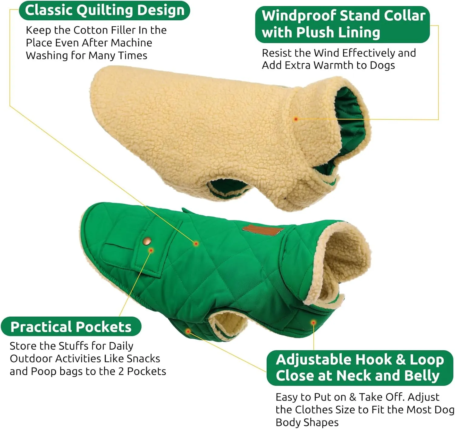 Queenmore Warm Puffer Dog Coat Vest, Quilted Winter Jacket with Plush Fleece Lining, Storage Pockets (Forest Green, Small)