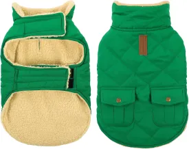 Queenmore Warm Puffer Dog Coat Vest, Quilted Winter Jacket with Plush Fleece Lining, Storage Pockets (Forest Green, Small)