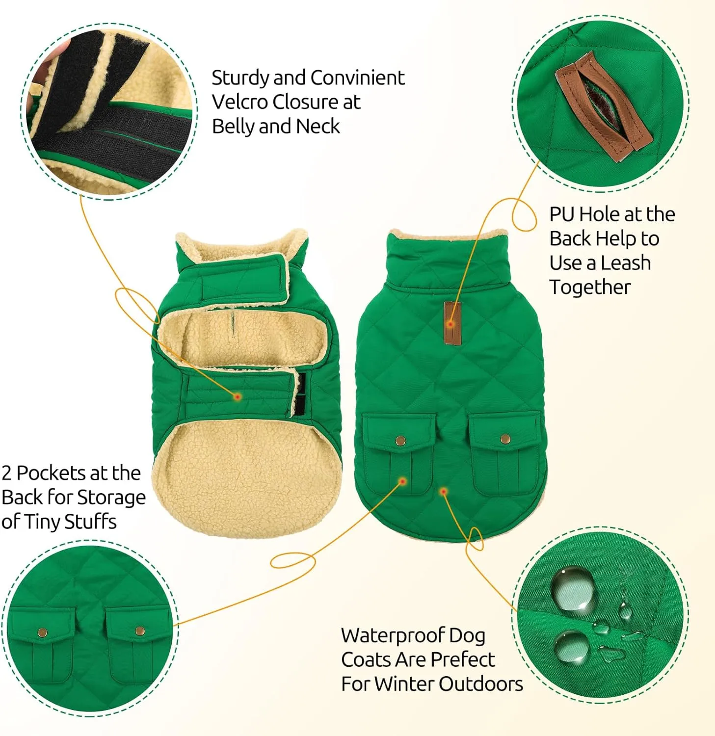 Queenmore Warm Puffer Dog Coat Vest, Quilted Winter Jacket with Plush Fleece Lining, Storage Pockets (Forest Green, Small)