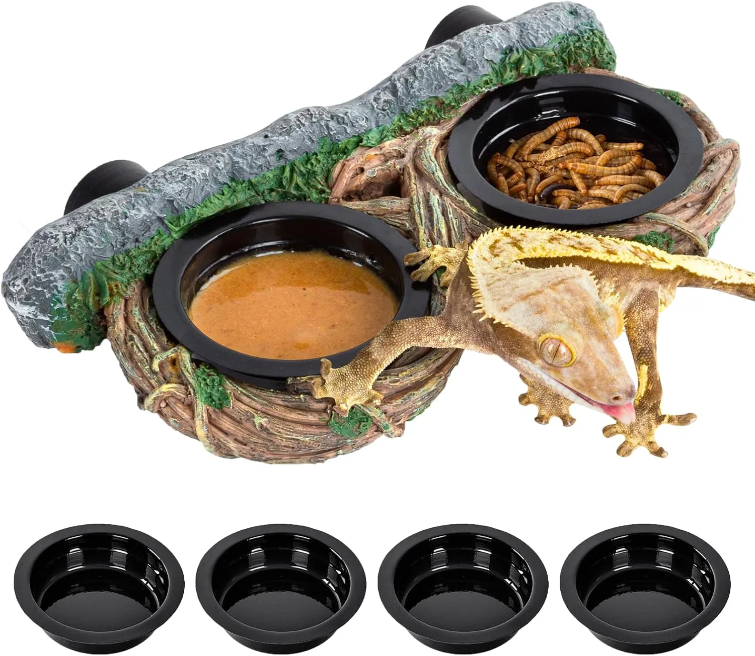 REPTI ZOO Magnetic Reptile Feeding Ledge, Gecko Feeder Ledge with 4PCS Cups, Hollow Vine Food Dish, Reptile Water Bowl for Bearded Dragon Lizard Snake, Reptile Terrarium Tank Accessories, Black