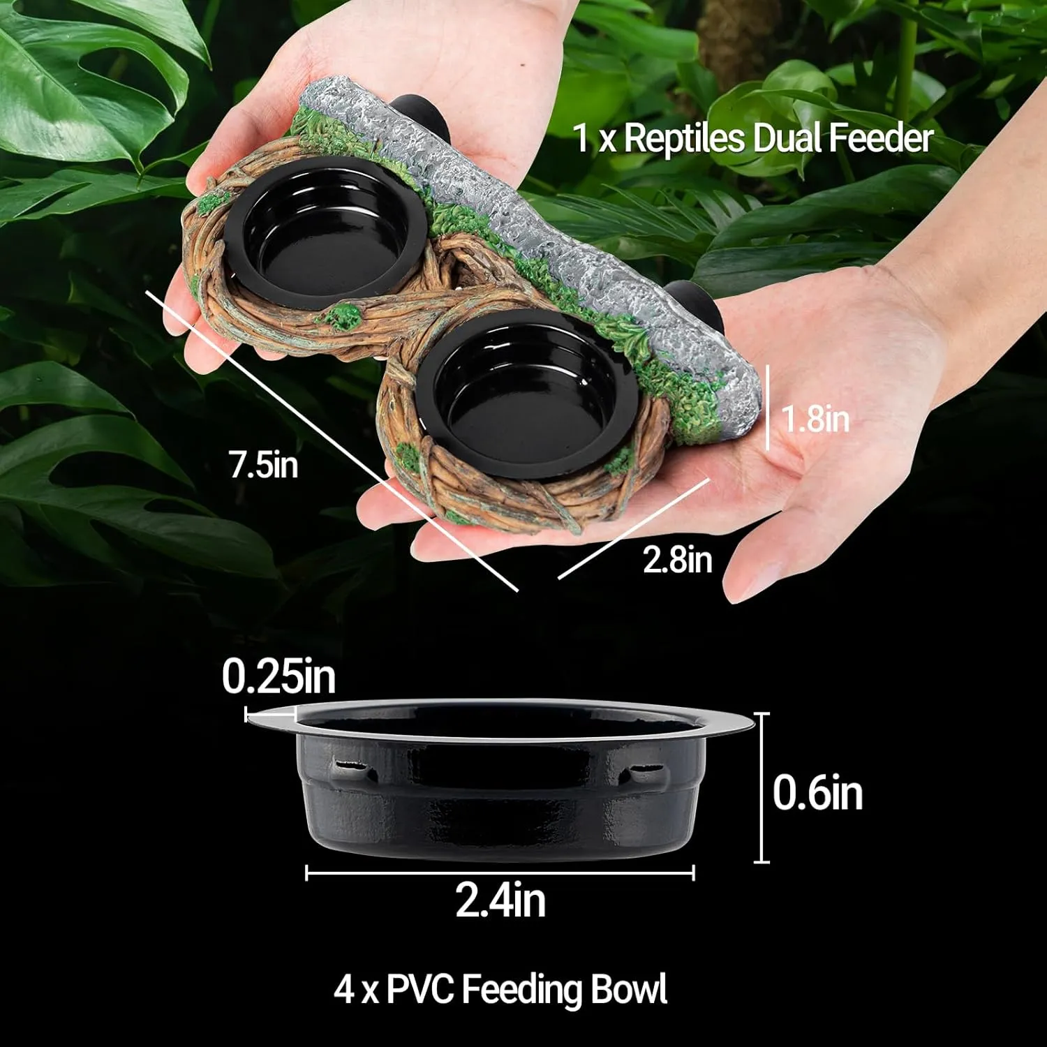 REPTI ZOO Magnetic Reptile Feeding Ledge, Gecko Feeder Ledge with 4PCS Cups, Hollow Vine Food Dish, Reptile Water Bowl for Bearded Dragon Lizard Snake, Reptile Terrarium Tank Accessories, Black
