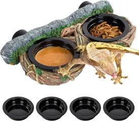 REPTI ZOO Magnetic Reptile Feeding Ledge, Gecko Feeder Ledge with 4PCS Cups, Hollow Vine Food Dish, Reptile Water Bowl for Bearded Dragon Lizard Snake, Reptile Terrarium Tank Accessories, Black