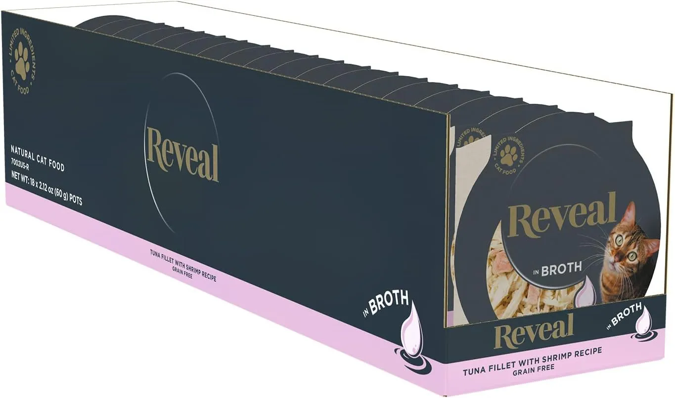 Reveal Natural Wet Cat Food, 18 Count, Grain Free, Limited Ingredient Cat Food Cups, Tuna with Shrimp in Broth, 2.12 oz Easy Peel Cups