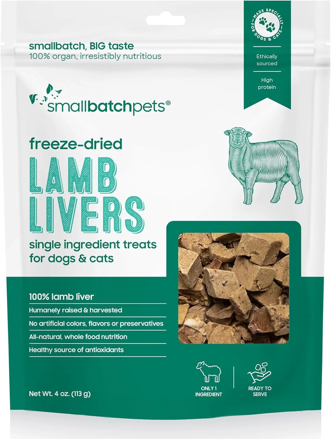 smallbatch Freeze-Dried Liver Treats for Dogs & Cats  Single-Ingredient, Protein-Rich, All-Natural Snacks  100% Humanely Sourced  No Additives or Preservatives  (4 oz, Lamb)