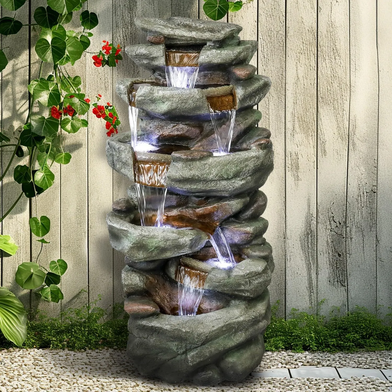 SunJet 40.5 High Rocks Outdoor Water Fountain - 6-Tiers Cascading Waterfall with LED Lights, Soothing Tranquility for Home Garden, Yard Decor