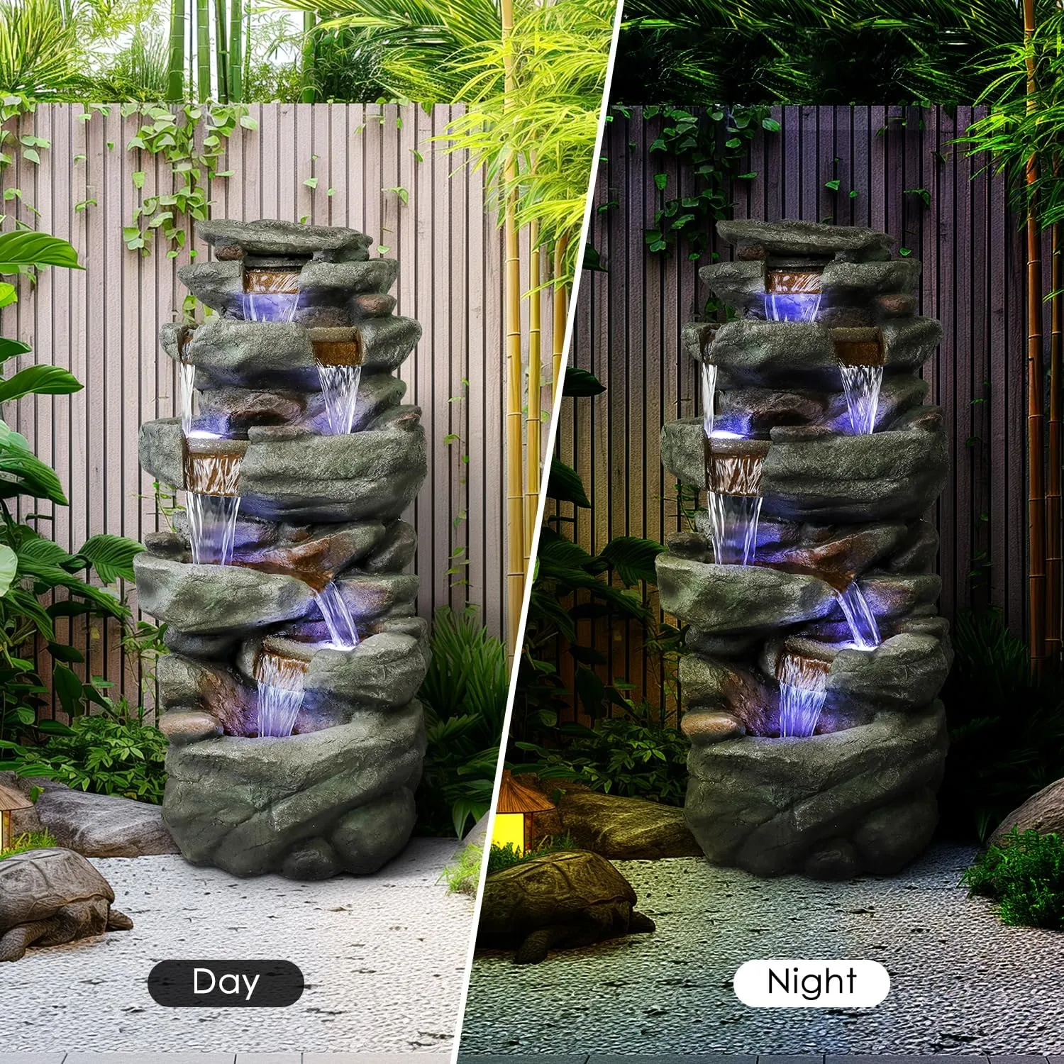 SunJet 40.5 High Rocks Outdoor Water Fountain - 6-Tiers Cascading Waterfall with LED Lights, Soothing Tranquility for Home Garden, Yard Decor