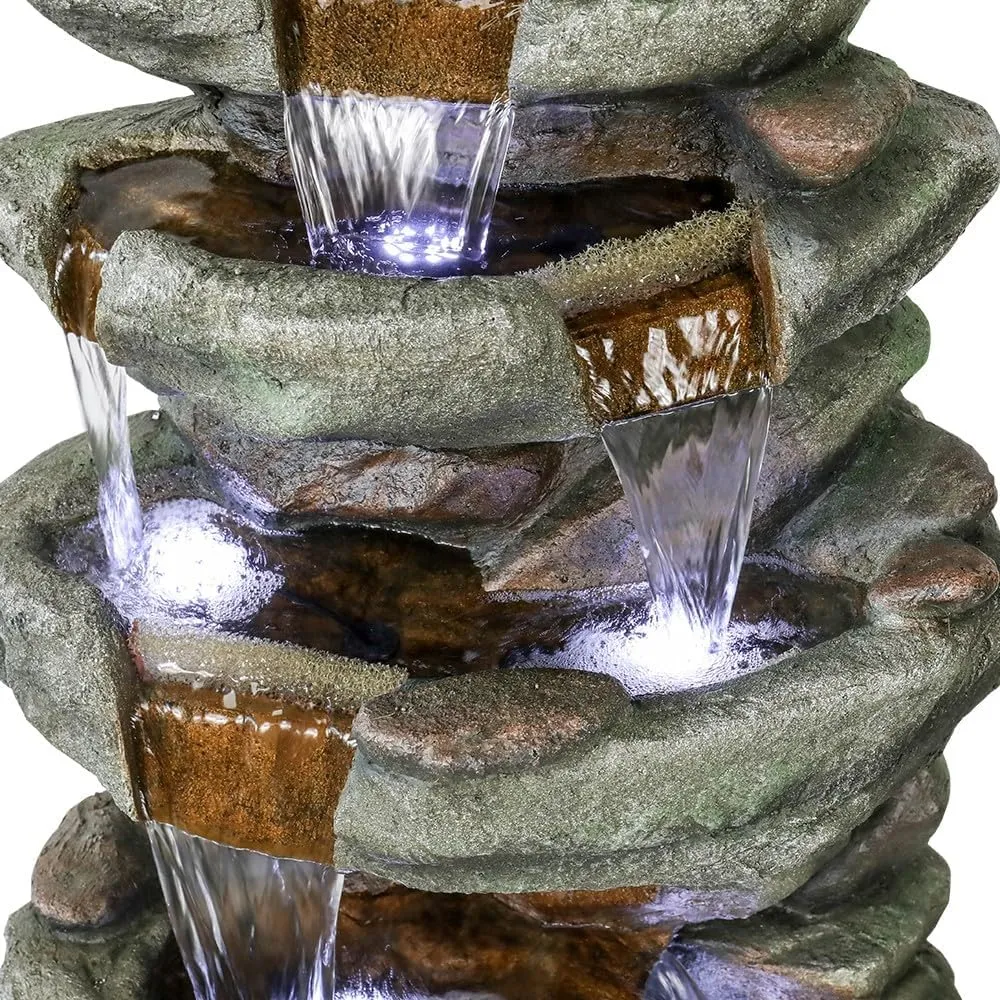 SunJet 40.5 High Rocks Outdoor Water Fountain - 6-Tiers Cascading Waterfall with LED Lights, Soothing Tranquility for Home Garden, Yard Decor