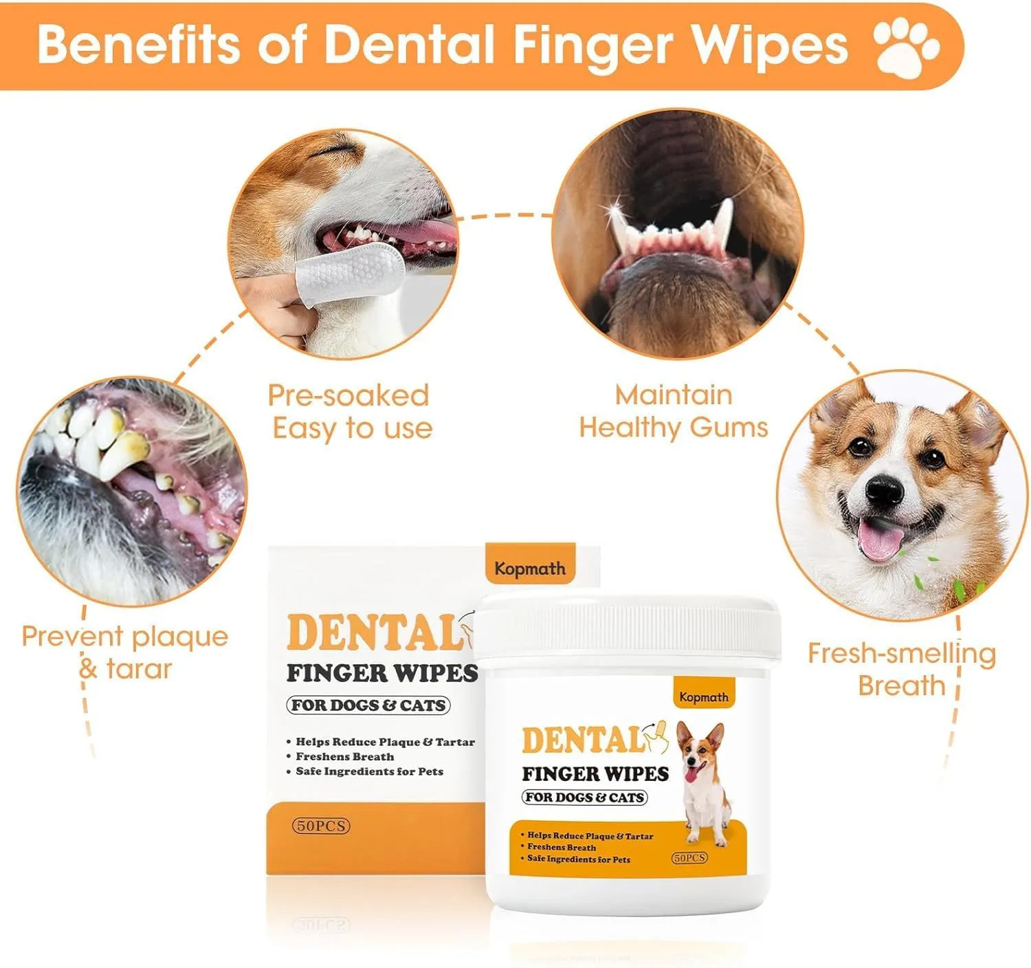 Teeth Cleaning Finger Wipes, Dog Dental Wipes, Reduce Plaque & Tartar, Freshen Breath, Safe & Natural Pet Dental Wipes for Dogs Teeth, Portable Dog Tooth Wipes for Cats,100 Ct,Unscented