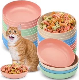 Tioncy 24 Pieces Fatigue Relief Cat Bowl Shallow Cat Food Dish Wide and Small Plate Wide Stray Wet Feeding Bowl for Ferrets Feral Short Legged Kitten, 5.5 Inch Wheat Straw(Four Color,Classic)