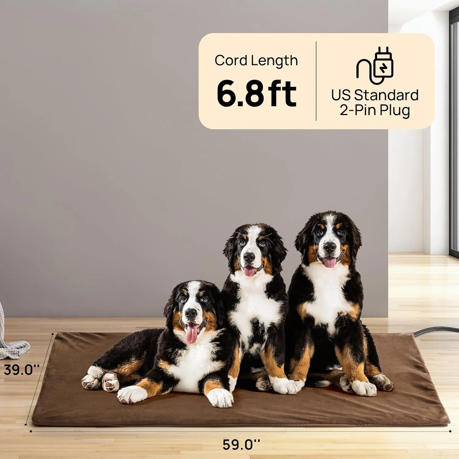 TURBRO 59x39 XXX-Large Pet Heating Pad, Electric Heated Dog Bed for Large Breeds, Temperature and Timer Control, Anti-Bite Cord, Ultra-Soft and Anti-Slip Cover, Indoor Use, MET Certified, Brown