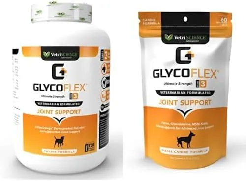 VetriScience Glycoflex 3 Maximum Strength Hip & Joint Support for Dogs, 120 Tablets & Glycoflex 3 Maximum Strength Hip & Joint Support for Small Dogs, 60 Chews